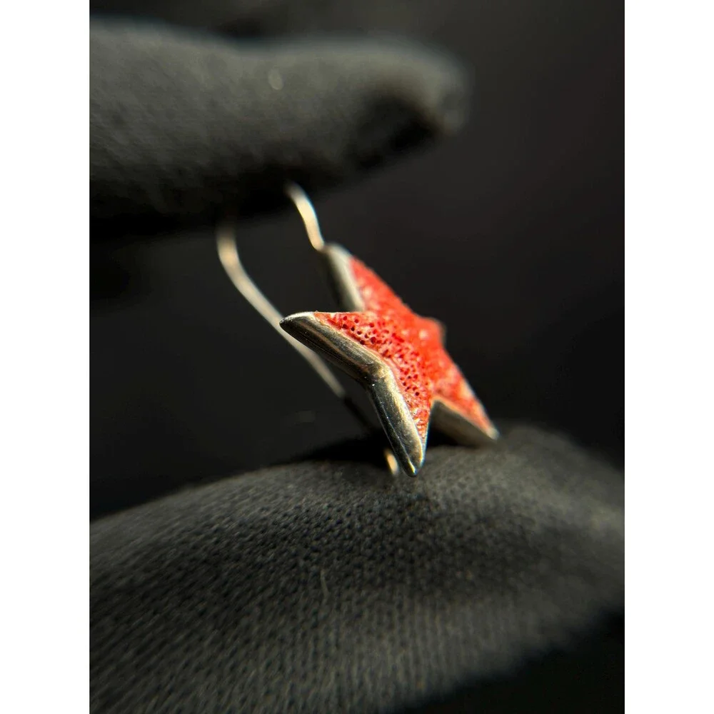 Vintage Devine 925 Sterling Silver Coral Star Dangle Earrings